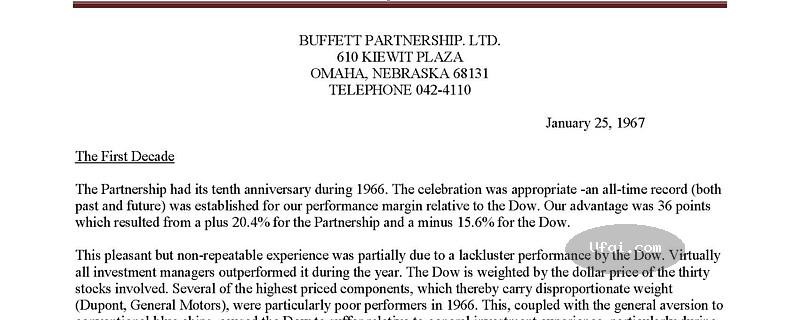 美国股神沃伦巴菲特致股东公开信--1967年：伯克希尔公司迎来了第一个十年